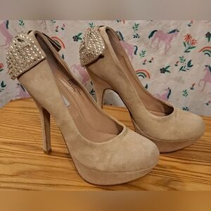 Y2K Steve Madden Parfait Beige Suede Neutral Boho Heel Shoe w/ Bling Bow SZ 7M
